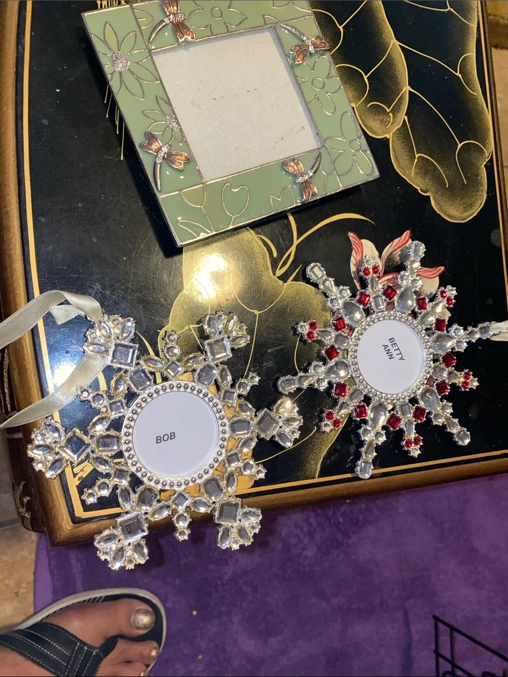 Set of 3 Decorative Picture Frames, Snowflake Holiday Ornament - Clear and Red